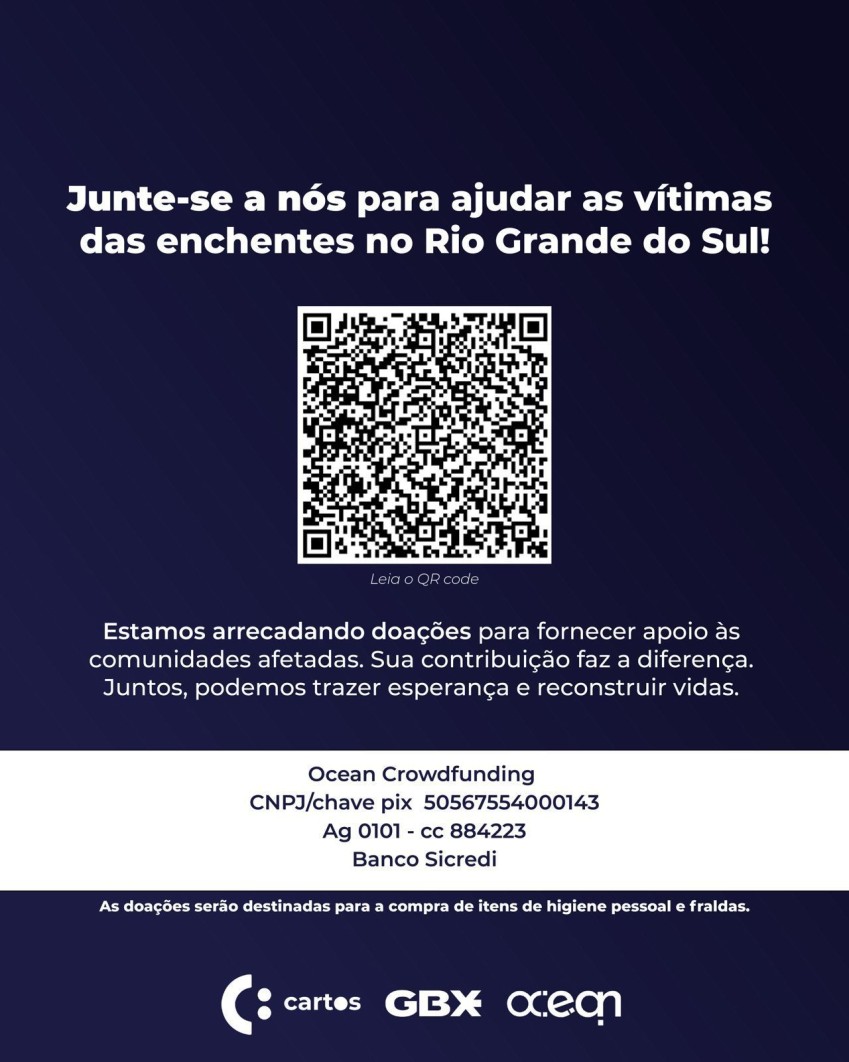 Para auxiliar o impacto das chuvas a GBX e a Ocean Tokenizadora iniciam campanha de arrecadação para os atingidos pelas enchentes no RS. Para auxiliar o impacto das chuvas a GBX e a Ocean Tokenizadora iniciam campanha de arrecadação para os atingidos pelas enchentes no RS.